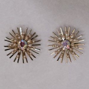 Silver tone starburst clip on earrings with faux pearls and rhinestone centers